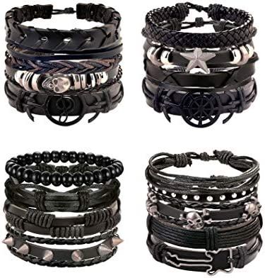 Florideco 16Pcs Black Skull Leather Bracelets Set for Mens Stackable Braided Cuff Bracelet Punk Rock Handmade Wristband: Clothing, Shoes & Jewelry