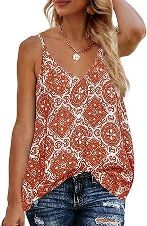 TECREW Women's Boho Floral V Neck Spaghetti Straps Tank Top Summer Sleeveless Shirts Blouse Caramel at Amazon Women’s Clothing store