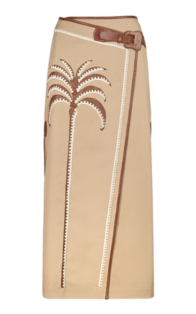light camel palm tree print wrap maxi skirt