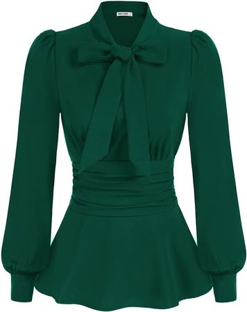 GRACE KARIN Women's Office Bow Tie Blouse Puff Sleeve Peplum Dressy Shirt Smocked Waist at Amazon Women’s Clothing store