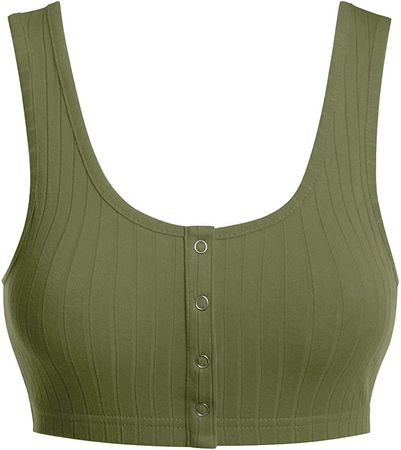 MixMatchy Women's Snap Button Detailed Ribbed Pattern Tank Top Olive S at Amazon Women’s Clothing store