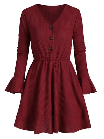 [47% OFF] Half Button Poet Sleeves Mini Knit Dress | Rosegal