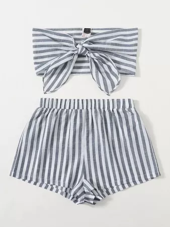 blue Two Tone Striped Knot Front Crop Tube Top & Shorts Set | SHEIN USA