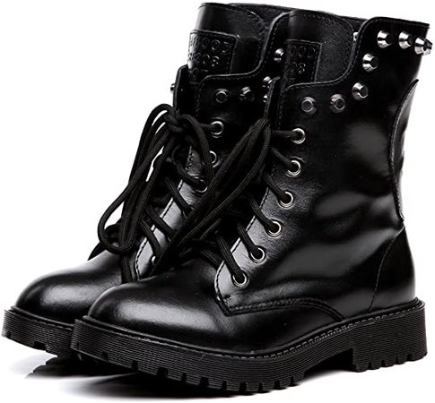 Amazon.com | Shenn Women's Round Toe Mid Calf Punk Military Combat Boots(Wine Red, 9 M US) | Mid-Calf