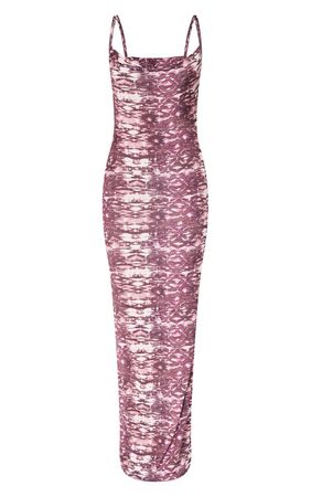 Burgundy Abstract Print Slinky Cowl Maxi Dress | PrettyLittleThing USA