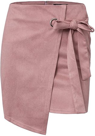 BerryGo Women's Faux Suede High Waist Tie Up Party Pencil Mini Skirt Nude Pink