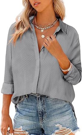 Astylish Women 2024 Casual Long Sleeve Silk Shirts V Neck Elegant Button Down Polka Dots Blouse at Amazon Women’s Clothing store