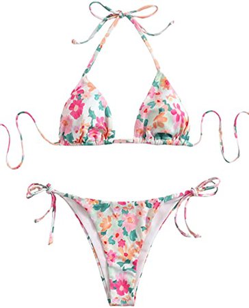 Amazon.com: SweatyRocks Women's 2 Piece Triangle Bathing Suit Halter Top ​Tie Side Thong Bikini Swimsuits : Clothing, Shoes & Jewelry