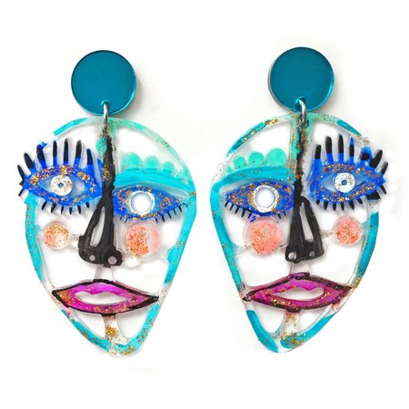 Blue Glitter Resin Statement Face Earrings | Boo and Boo Factory | Wolf & Badger