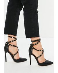 Missguided Black Studded Cross Strap Pointed Court Heels - Lyst
