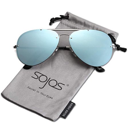 Amazon.com: SOJOS Rimless Aviator Sunglasses for Men and Women Metal Frame Mirrored Lens TRENDALERT SJ1105 with Silver Frame/Blue Grey Mirrored Lens: Clothing