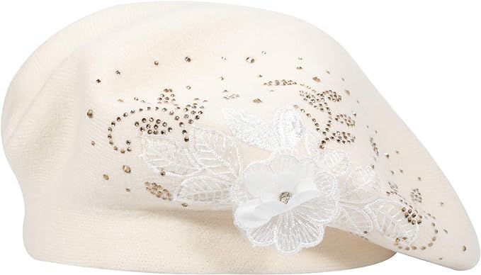 ZLYC Womens French Beret hat, Reversible Solid Color Cashmere Mosaic Warm Beret Cap for Girls (Flower White) at Amazon Women’s Clothing store