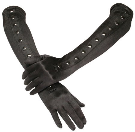Elbow Length Satin Gloves - Black with Button Trim