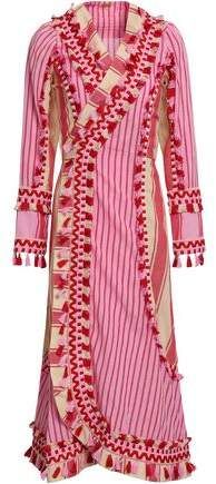 Miranda Embroidered Striped Cotton-gauze Midi Wrap Dress