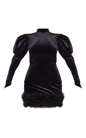 Black Velvet Puff Sleeve Feather Trim Open Back Bodycon Dress | PrettyLittleThing USA
