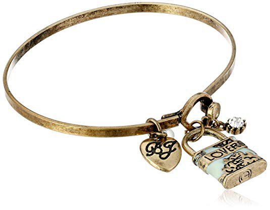 Betsey Johnson "Wanderlust" Lover Locket Charm Wire Bangle Bracelet, 2.4": Clothing