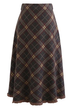 Multicolor Check Print Wool-Blend A-Line Skirt in Mustard - Retro, Indie and Unique Fashion