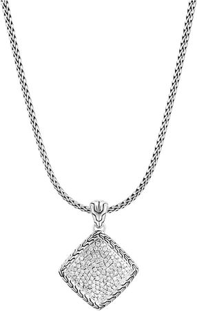 Classic Chain Silver Diamond Pave Square Pendant Necklace
