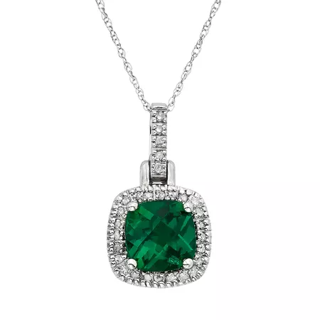 Lab-Created Emerald & 1/8 Carat T.W. Diamond 10k White Gold Halo Pendant Necklace