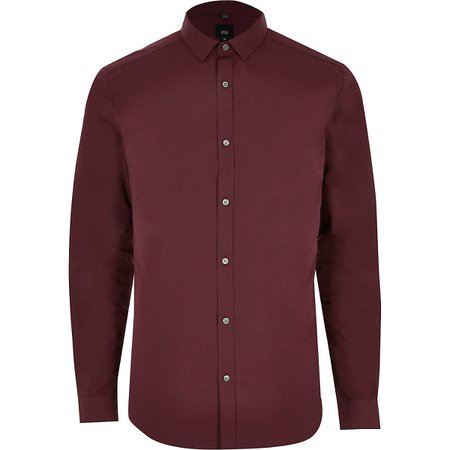 Dark red slim fit long sleeve shirt | River Island