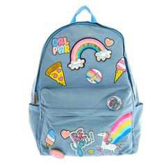 Unicorn Fun Fair Patches Backpack | Travel in style to school or around the world with this Coney Island Patch Backpack. The light blue cotton fabric is accented with tasty treat patches like pizza, ice cream, hot dogs, and more.