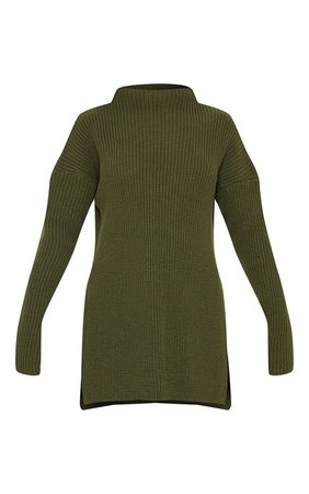 Olive High Neck Oversized Jumper | Knitwear | PrettyLittleThing