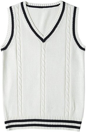 Firehood Womens Cable Knit V Neck Sleeveless Twist Uniform Sweater Vest Pullover (White, Large) at Amazon Women’s Clothing store