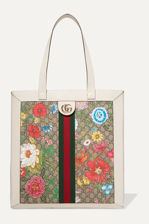 Light brown Ophidia textured leather-trimmed printed coated-canvas tote | Gucci | NET-A-PORTER