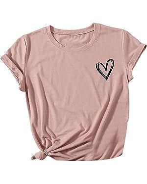 Amazon.com: SweatyRocks Women's Heart Print T Shirts Summer Funny Short Sleeve Tops Heart Dusty Pink M : Clothing, Shoes & Jewelry