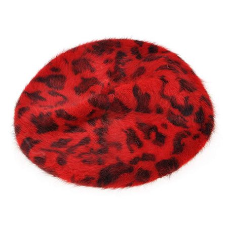 ZLYC Womens Rabbit Fur French Beret Hat Leopard Print (Red) at Amazon Women’s Clothing store: