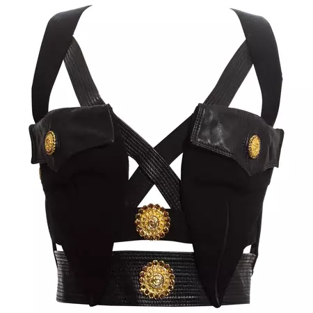 Gianni Versace black and gold leather bondage Medusa waistcoat, fw 1992 For Sale at 1stDibs