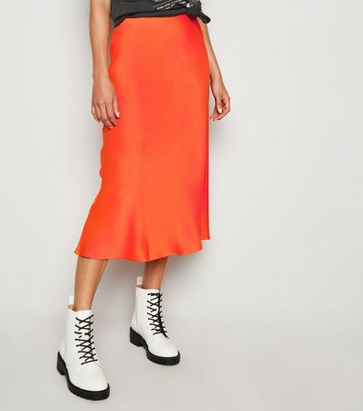 Bright Orange Bias Cut Satin Midi Skirt | New Look