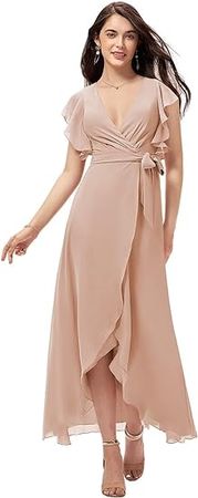 Amazon.com: Civiczar Women's Chiffon Bridesmaid Dresses with Sleeves V Neck Pleats High Low Formal Evening Dress CR026 : Clothing, Shoes & Jewelry