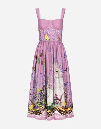 Calf-length bustier dress in rabbit-print poplin in Multicolor for Women | Dolce&Gabbana®
