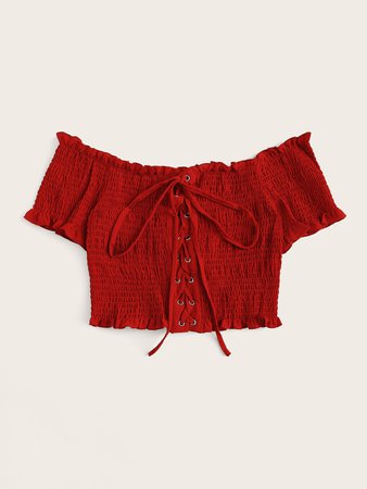 Grommet Lace-Up Shirred Frill Crop Top | ROMWE