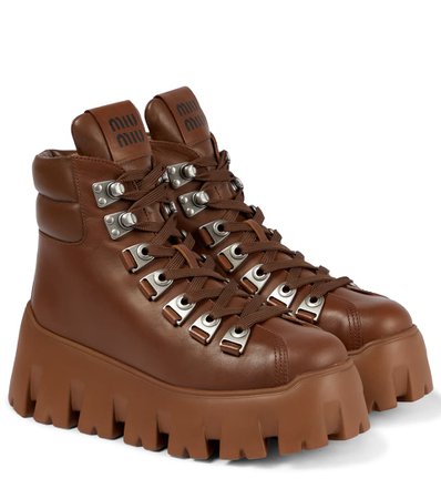 Miu Miu - Leather platform hiking boots | Mytheresa