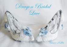 Dragon Wedding Lace Bridal Heels Fabric Flower Custom Ribbon Blue Shoe – ElusiveRabbit