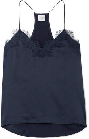 The Racer Lace-trimmed Silk-charmeuse Camisole - Midnight blue