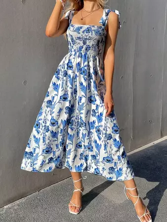 SHEIN VCAY Floral Print Knot Straps Shirred Bodice Cami Dress | SHEIN USA