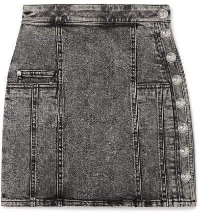 Button-embellished Acid-wash Denim Mini Skirt - Gray