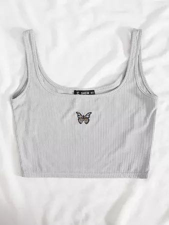 Butterfly Print Rib-knit Tank Top | SHEIN USA grey