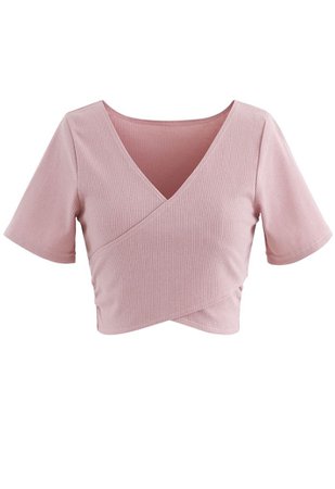 Crisscross Front Short Sleeves Ribbed Top in Pink - Retro, Indie and Unique Fashion