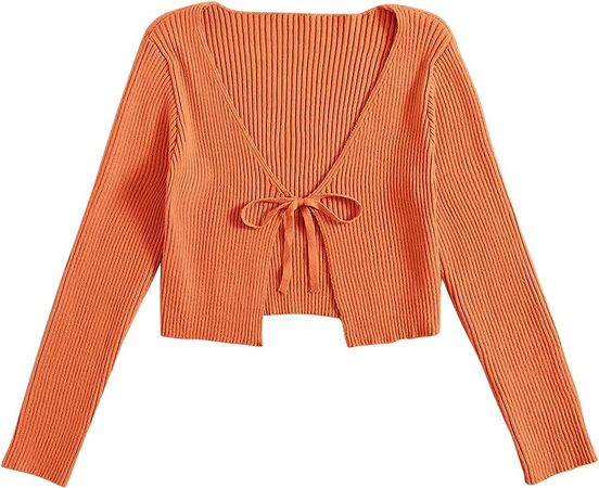 Floerns Women's Tie Front Long Sleeve Rib Knit Cardigan Crop Top Orange L at Amazon Women’s Clothing store