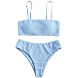Amazon.com: ZAFUL Women's Scalloped Textured Swimwear High Waisted Wide Strap Adjustable Back Lace-up Bikini Set Swimsuit (L, Light Blue-Spaghetti Straps): Clothing