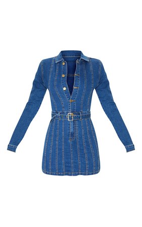 Mid Blue Wash Belted Seam Detail Denim Dress | PrettyLittleThing USA