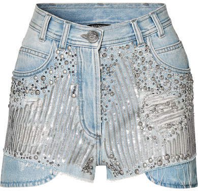 Embellished Distressed Denim Shorts - Blue
