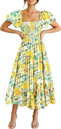 PRETTYGARDEN Women's Casual Summer Midi Dress Puffy Short Sleeve Square Neck Smocked Tiered Ruffle Dresses at Amazon Women’s Clothing store