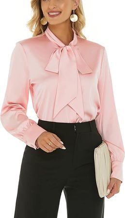 Escalier Women's Silk Blouse Long Sleeve Bow Tie Neck Button Down Shirts Casual Office Work Blouse Tops at Amazon Women’s Clothing store