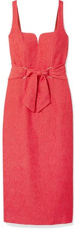 Francesca Belted Textured-crepe Midi Dress - Coral