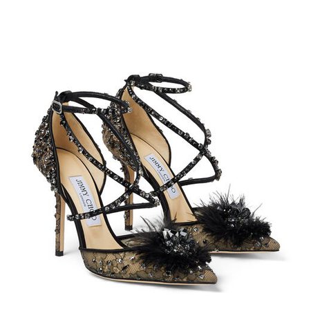 Black Lace Wraparound Heels with Feather and Crystal embellishment|Cruise '20| JIMMY CHOO